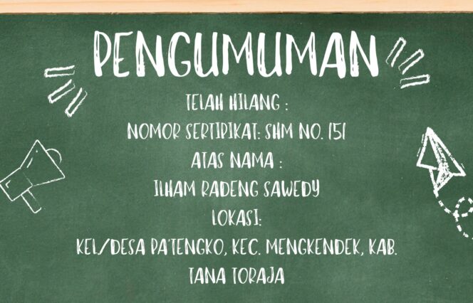 
					Pengumuman Kehilangan Sertipikat Hak Milik